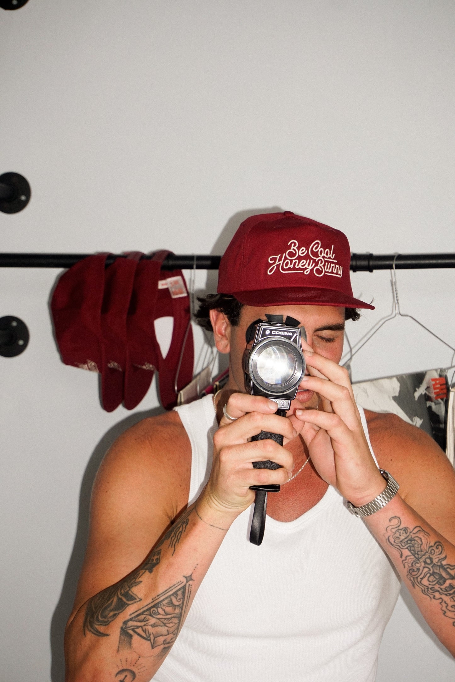 Bobby Lovejoy Burgundy cap worn by male model, front 